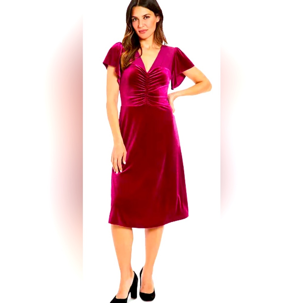 Petite Velvet Flutter-Sleeve Ruched Dress Color:Fuchsia Size12P